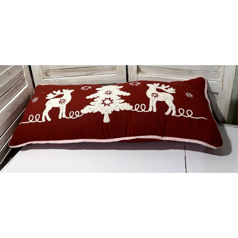 Secret Celebrity Christmas Tree Reindeers Red White Embroidered 14x32 Pillow